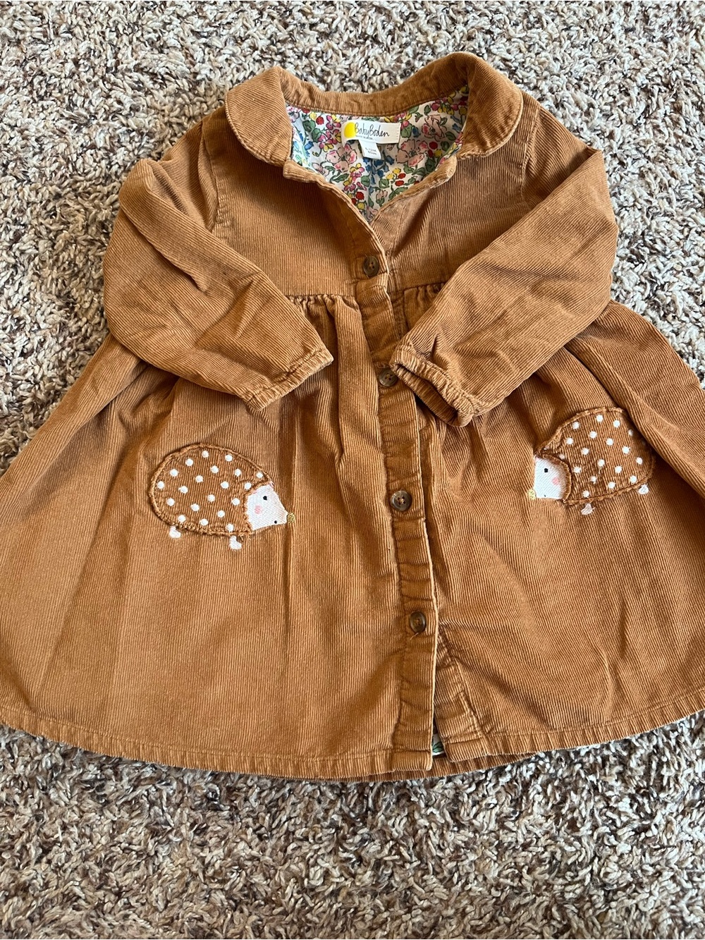 Baby Boden Hedgehog Pocket Brown Corduroy Dress